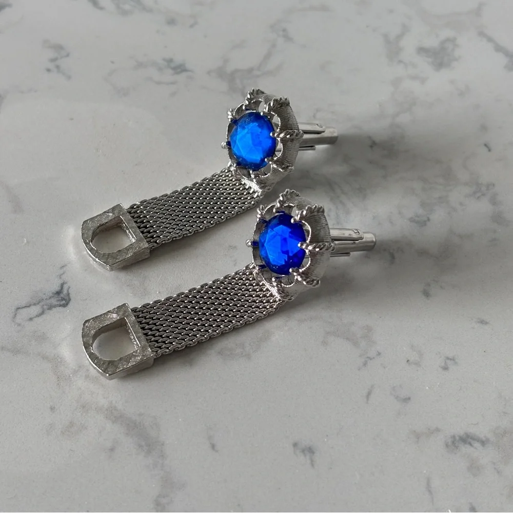 Vintage Swank Chain Mesh Blue Crystal Cufflinks-Silver Tone